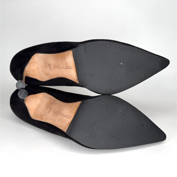 Manolo Blahnik Bipunta Size 39,5 Black Suede Leather Pumps Silver Heel Detail - Picture 10 of 11